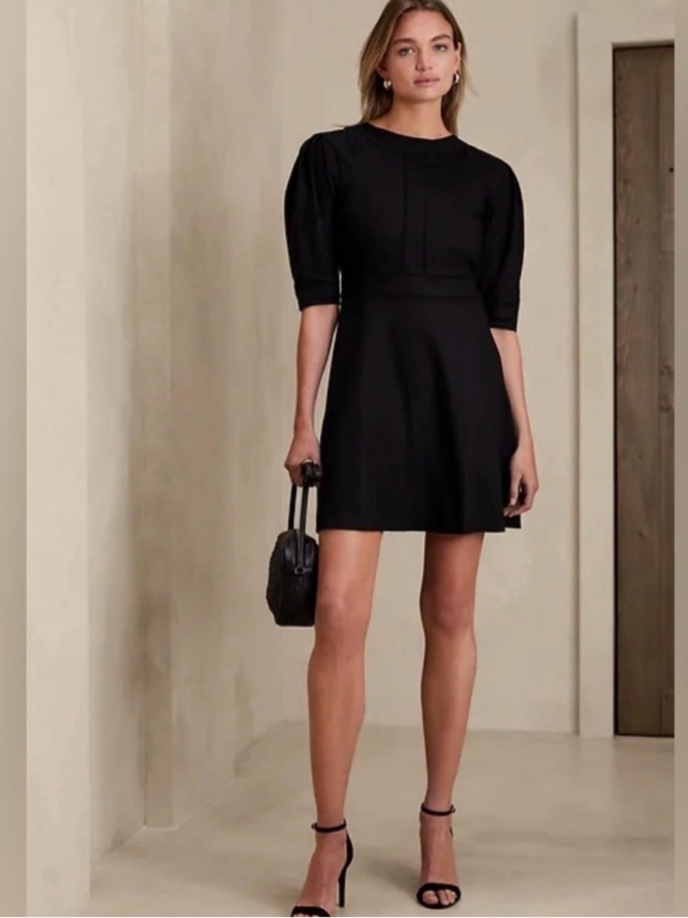 NWT Banana Republic Linen Blend Black Mini Dress, 3/4 Sleeve, Size 2